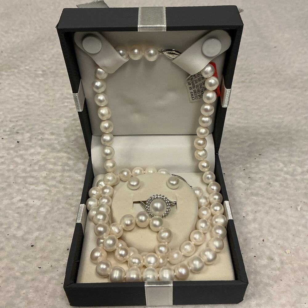 cultured freshwater pearl Lab Created What Sapphire, SS, 4piece Set 3618